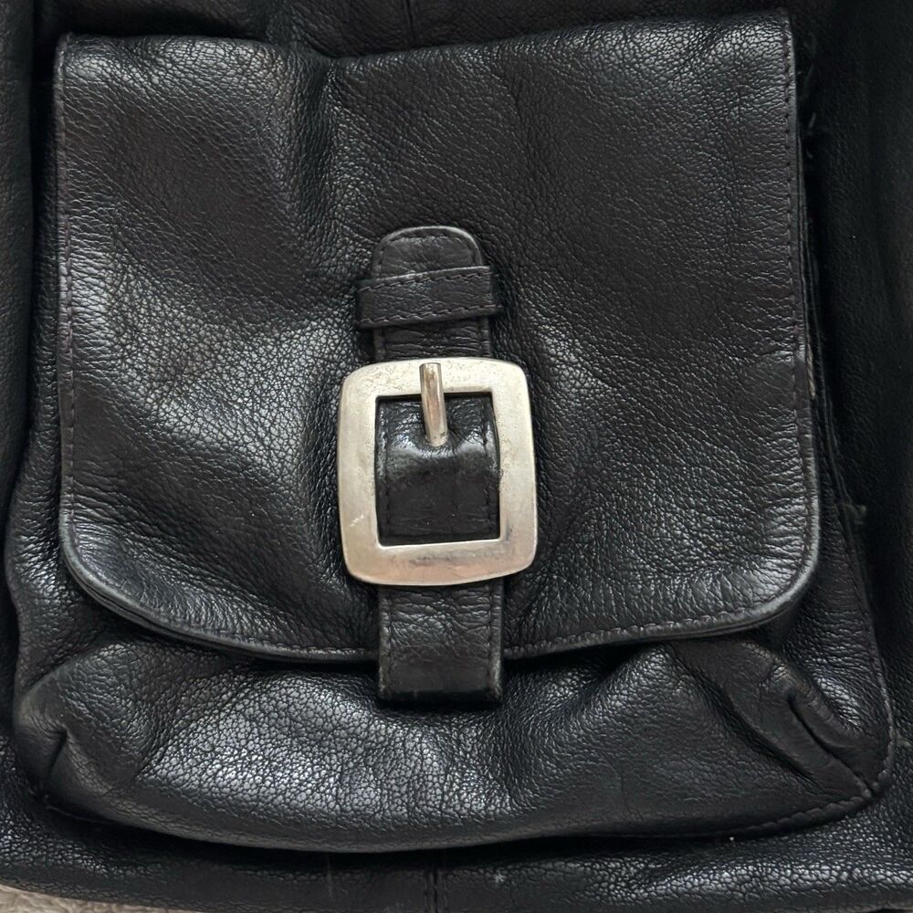 Vintage Black Leather Backpack Drawstring Sack Style Back Zip Pocket Distressed - Picture 4 of 12